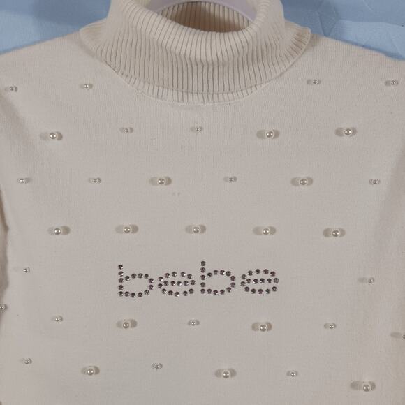 Y2K Bebe Sweater Large Rhinestone Turtleneck White Pearls Logo Super Soft NWT - Picture 5 of 10